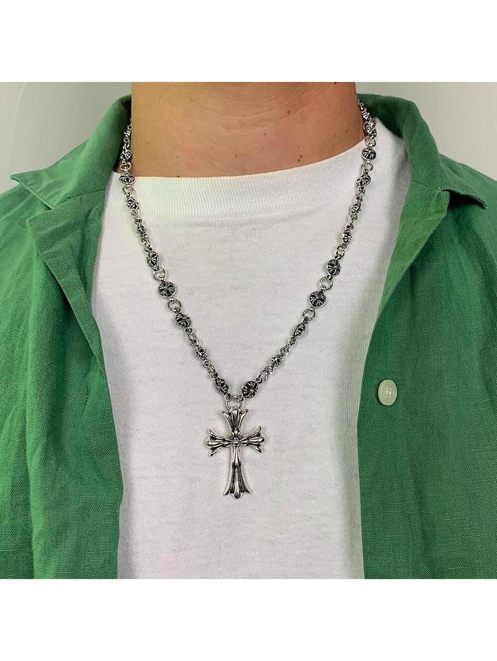 Grunge Cyber y2k silver gothic cross long necklace chain. 24 inches length